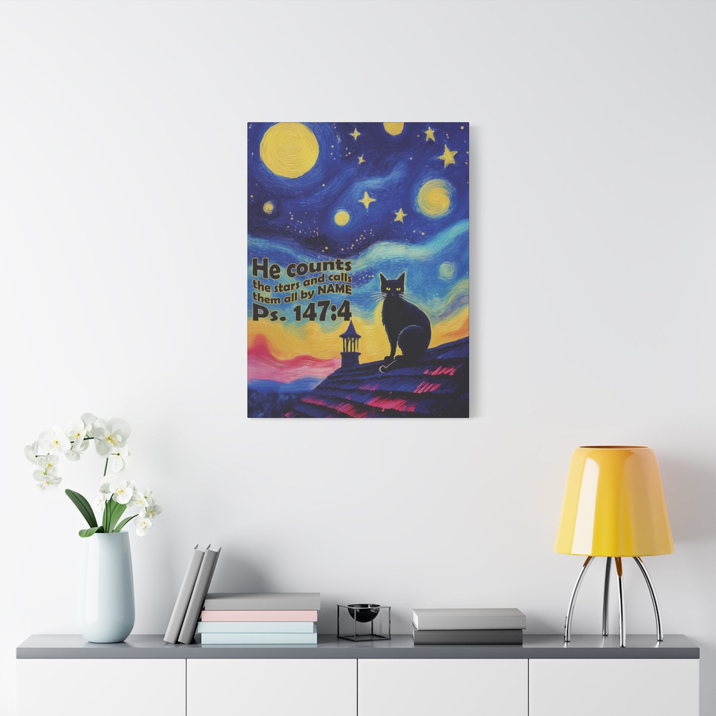Starry Night Cat Canvas Print, Inspirational Wall Art, Cozy Home Decor, Cat Lover Gift, Psalms 147:4