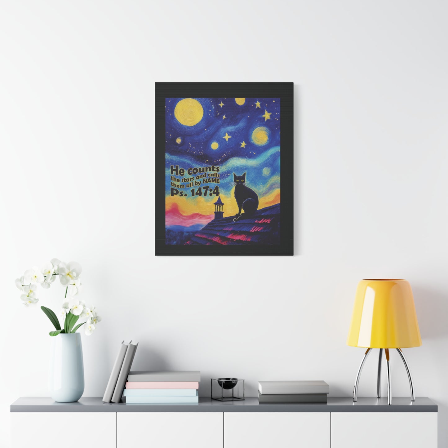 Starry Night Cat Canvas Print, Inspirational Wall Art, Cozy Home Decor, Cat Lover Gift, Psalms 147:4