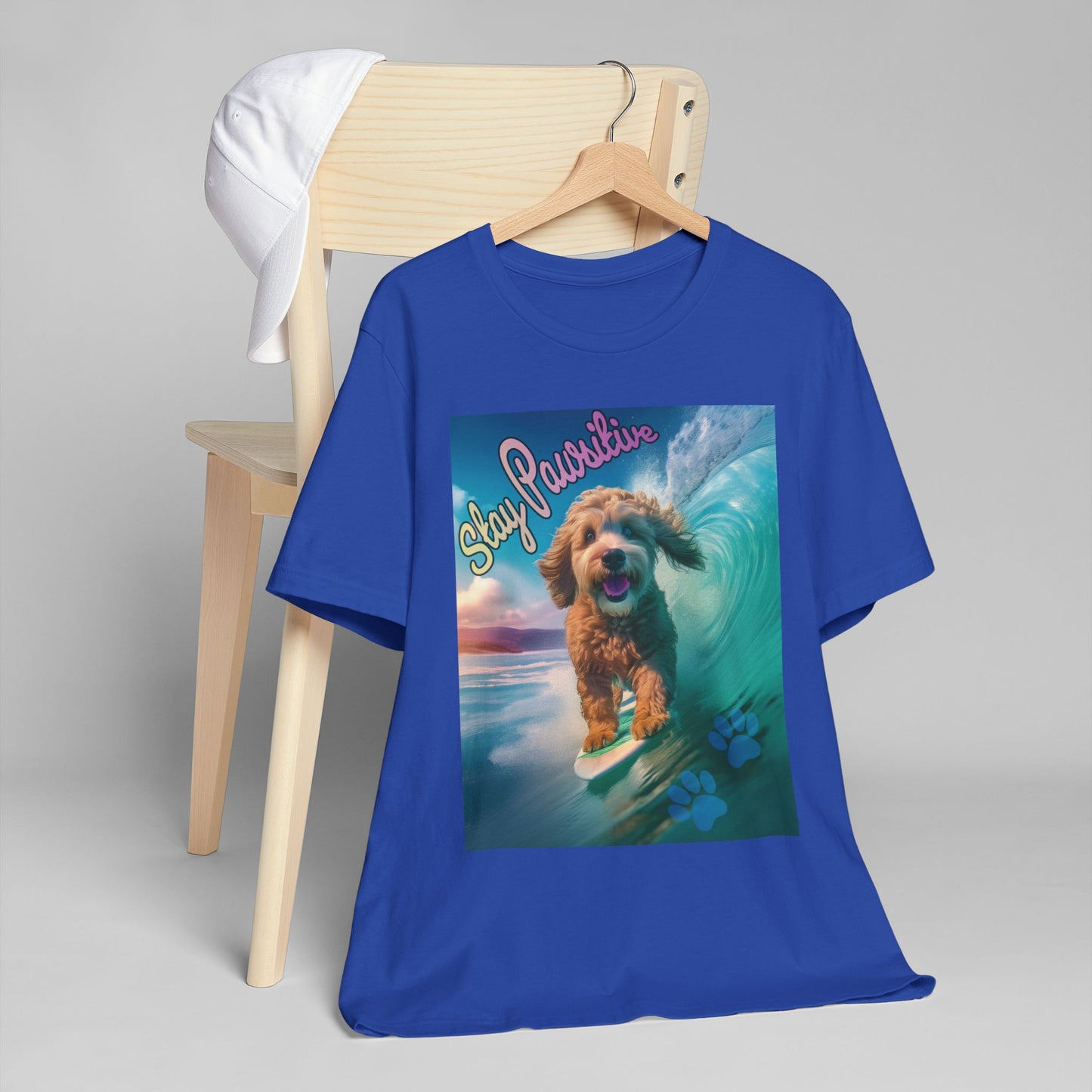 Surfing Dog Unisex Jersey T-Shirt | Stay Pawsitive Tee, Pet Lover Gift, Beach Outfit, Fun Summer Shirt, Dog Mom Apparel