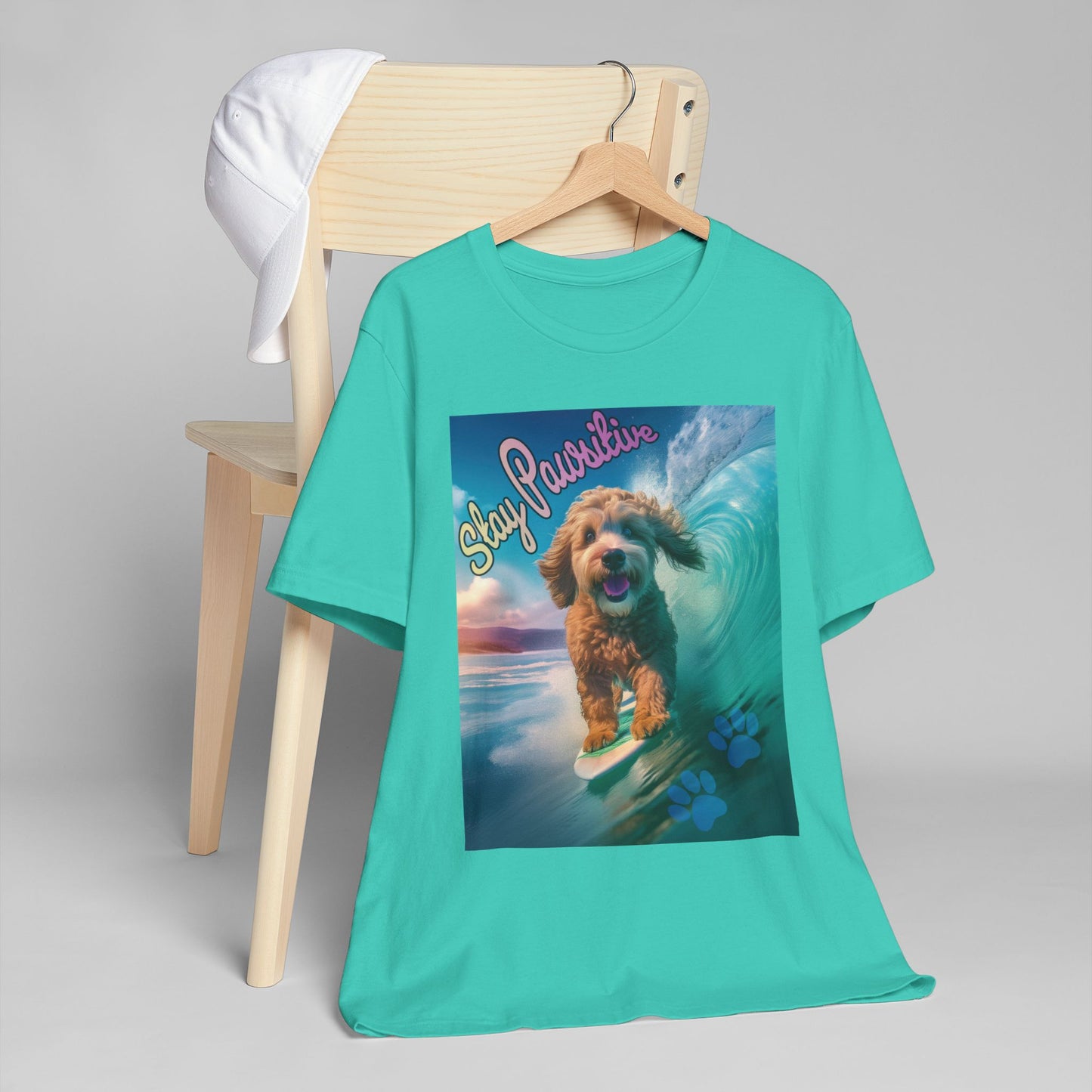 Surfing Dog Unisex Jersey T-Shirt | Stay Pawsitive Tee, Pet Lover Gift, Beach Outfit, Fun Summer Shirt, Dog Mom Apparel