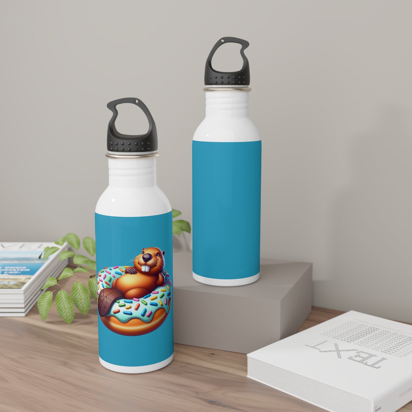 Whimsical Beaver Stainless Steel Water Bottle - Fun Donut Design for Kids & Adults