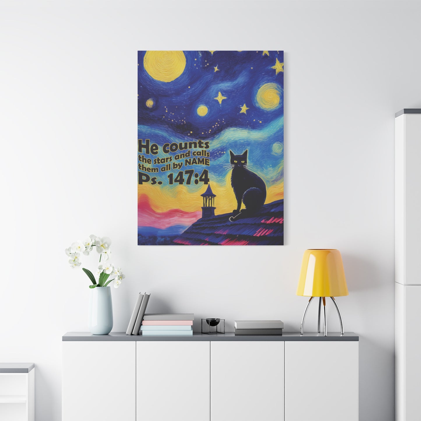 Starry Night Cat Canvas Print, Inspirational Wall Art, Cozy Home Decor, Cat Lover Gift, Psalms 147:4