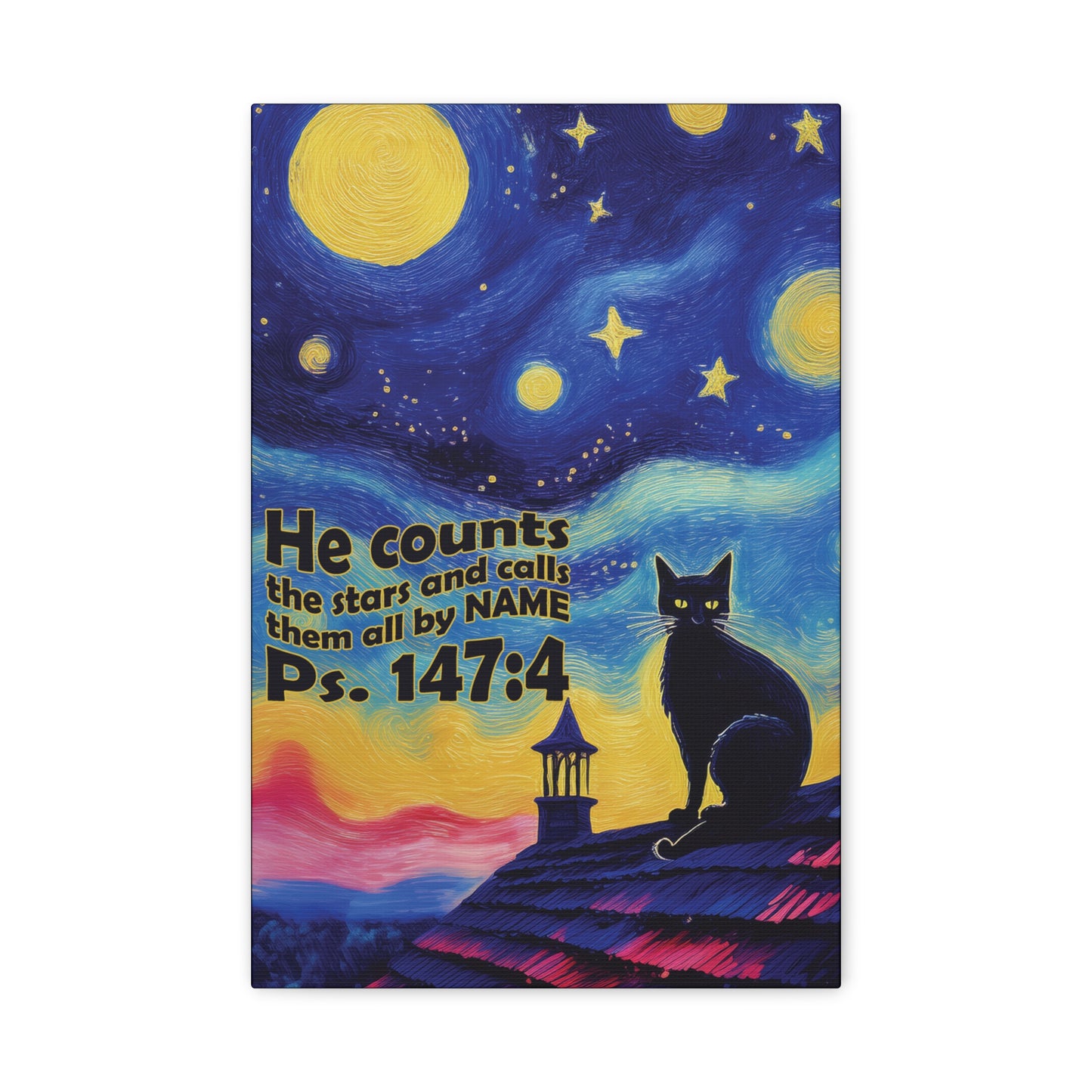 Starry Night Cat Canvas Print, Inspirational Wall Art, Cozy Home Decor, Cat Lover Gift, Psalms 147:4