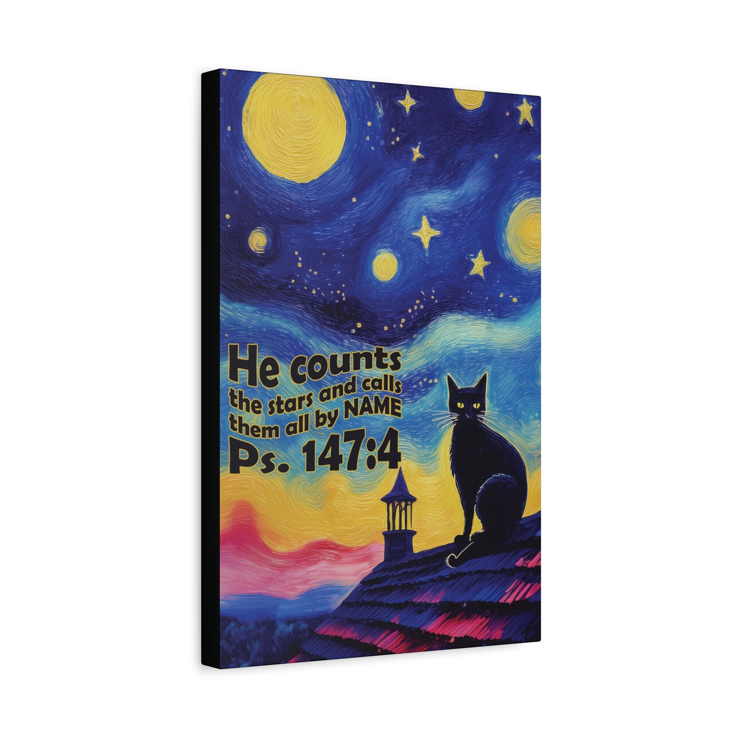 Starry Night Cat Canvas Print, Inspirational Wall Art, Cozy Home Decor, Cat Lover Gift, Psalms 147:4