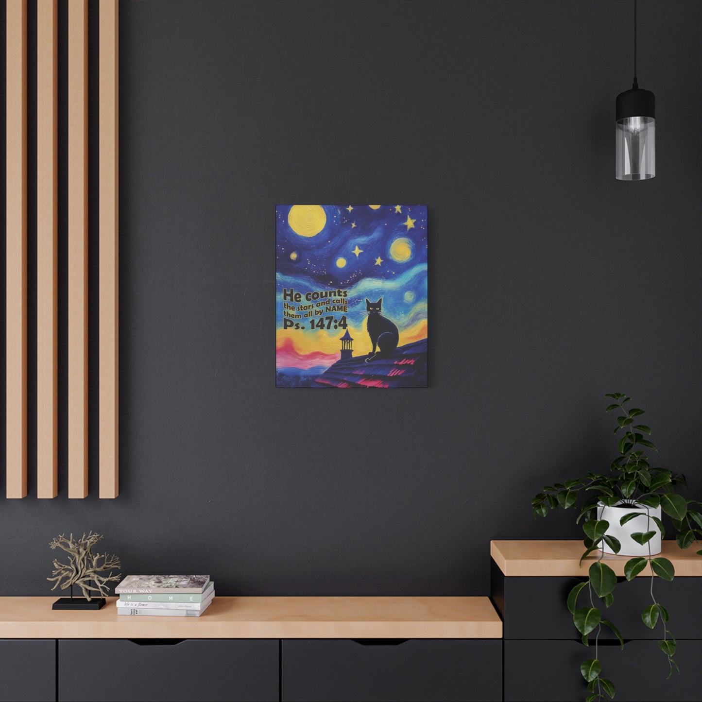 Starry Night Cat Canvas Print, Inspirational Wall Art, Cozy Home Decor, Cat Lover Gift, Psalms 147:4