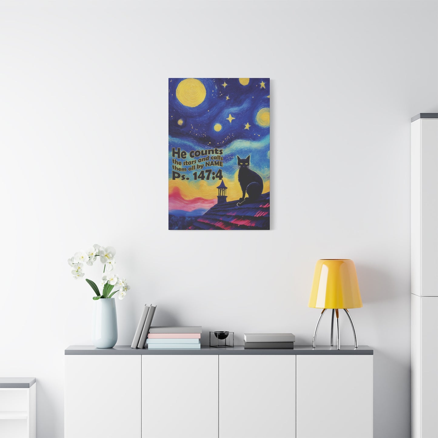 Starry Night Cat Canvas Print, Inspirational Wall Art, Cozy Home Decor, Cat Lover Gift, Psalms 147:4
