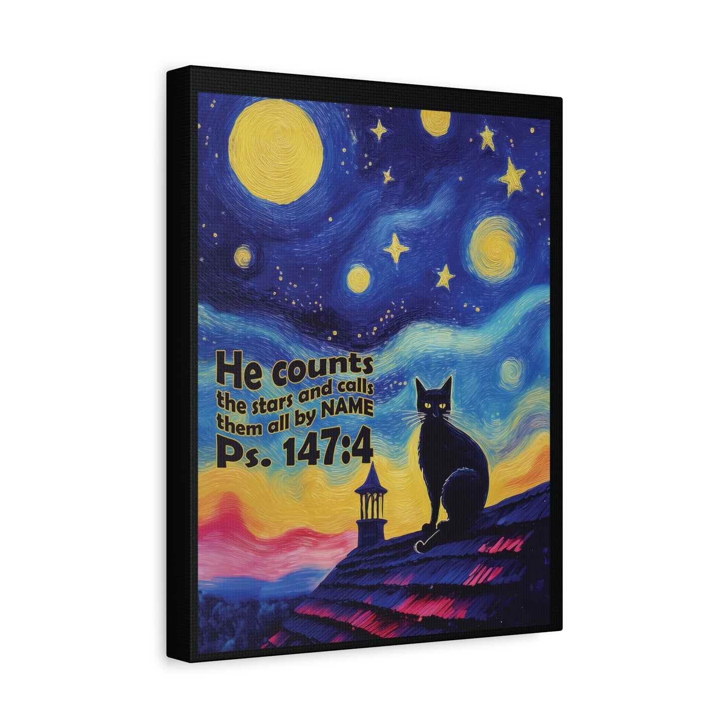 Starry Night Cat Canvas Print, Inspirational Wall Art, Cozy Home Decor, Cat Lover Gift, Psalms 147:4