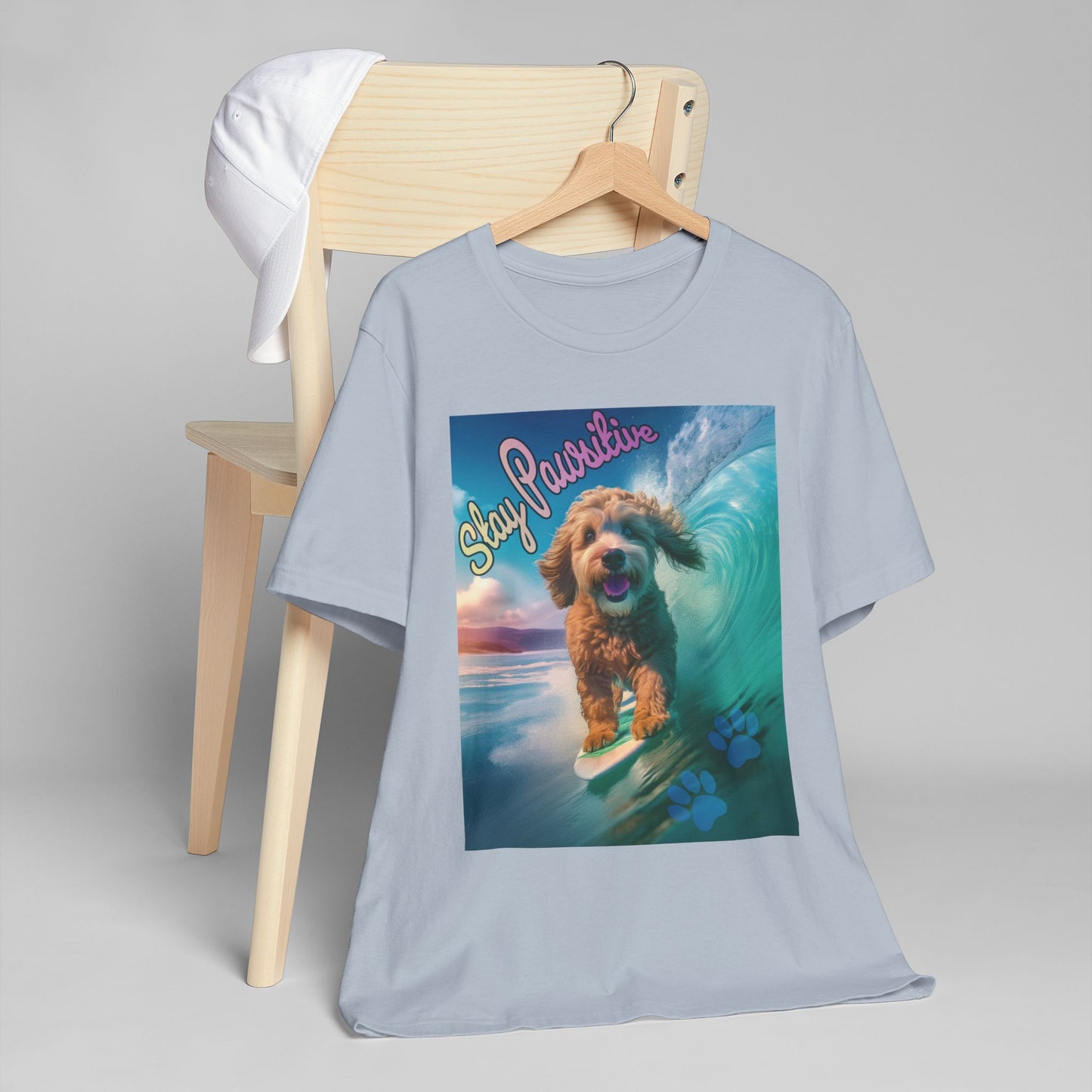 Surfing Dog Unisex Jersey T-Shirt | Stay Pawsitive Tee, Pet Lover Gift, Beach Outfit, Fun Summer Shirt, Dog Mom Apparel