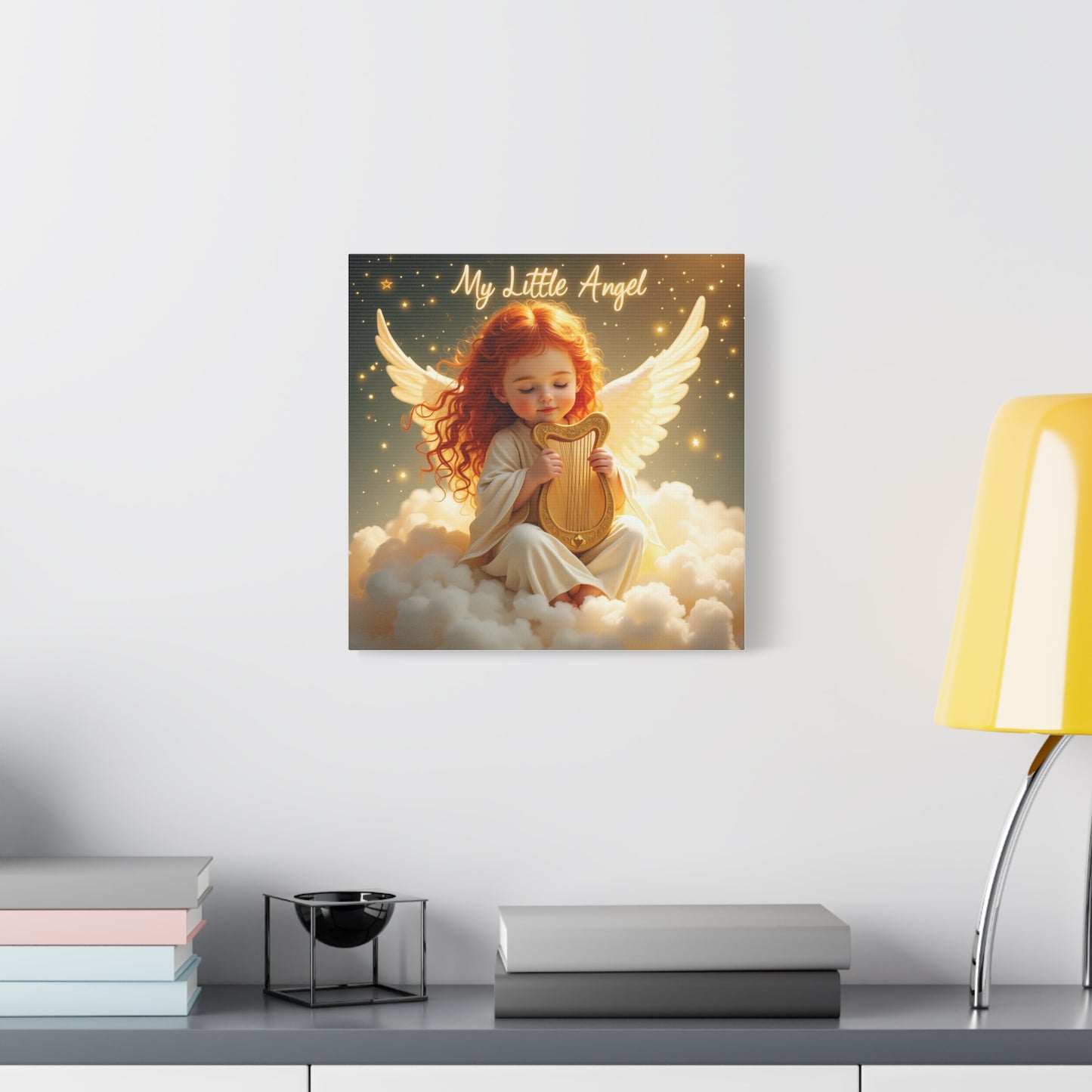 Angel Harp Canvas Art Print, Nursery Decor, Whimsical Home Accent, Gift for Baby Shower, Kids Room Wall Art, Ethereal Artwork