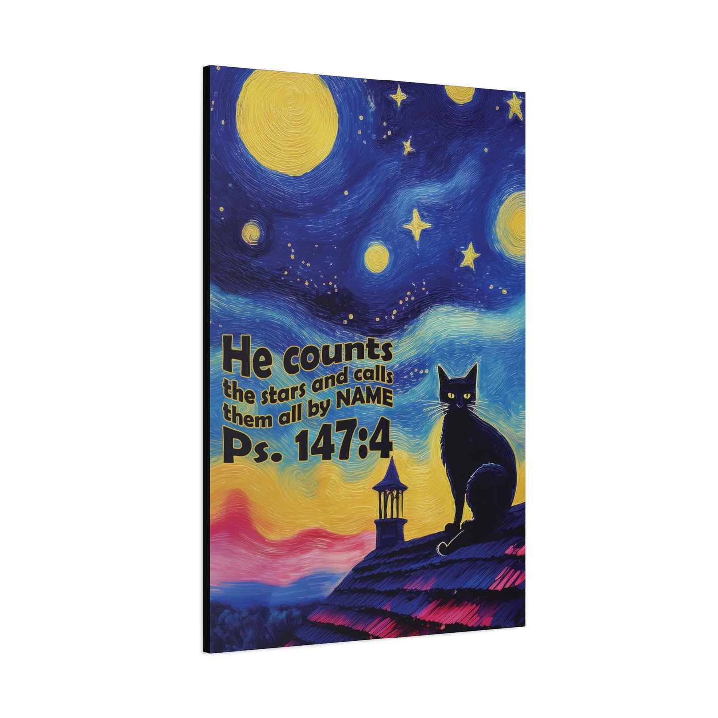 Starry Night Cat Canvas Print, Inspirational Wall Art, Cozy Home Decor, Cat Lover Gift, Psalms 147:4