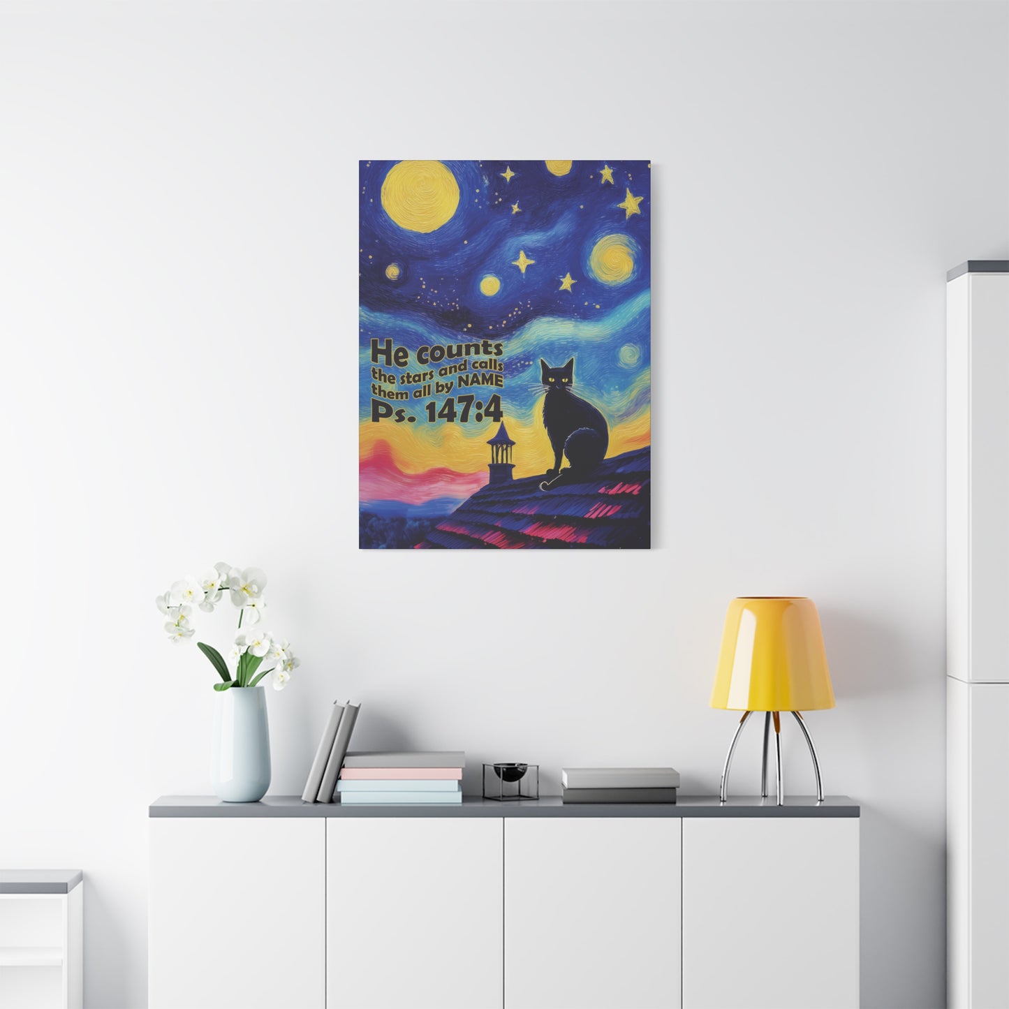 Starry Night Cat Canvas Print, Inspirational Wall Art, Cozy Home Decor, Cat Lover Gift, Psalms 147:4