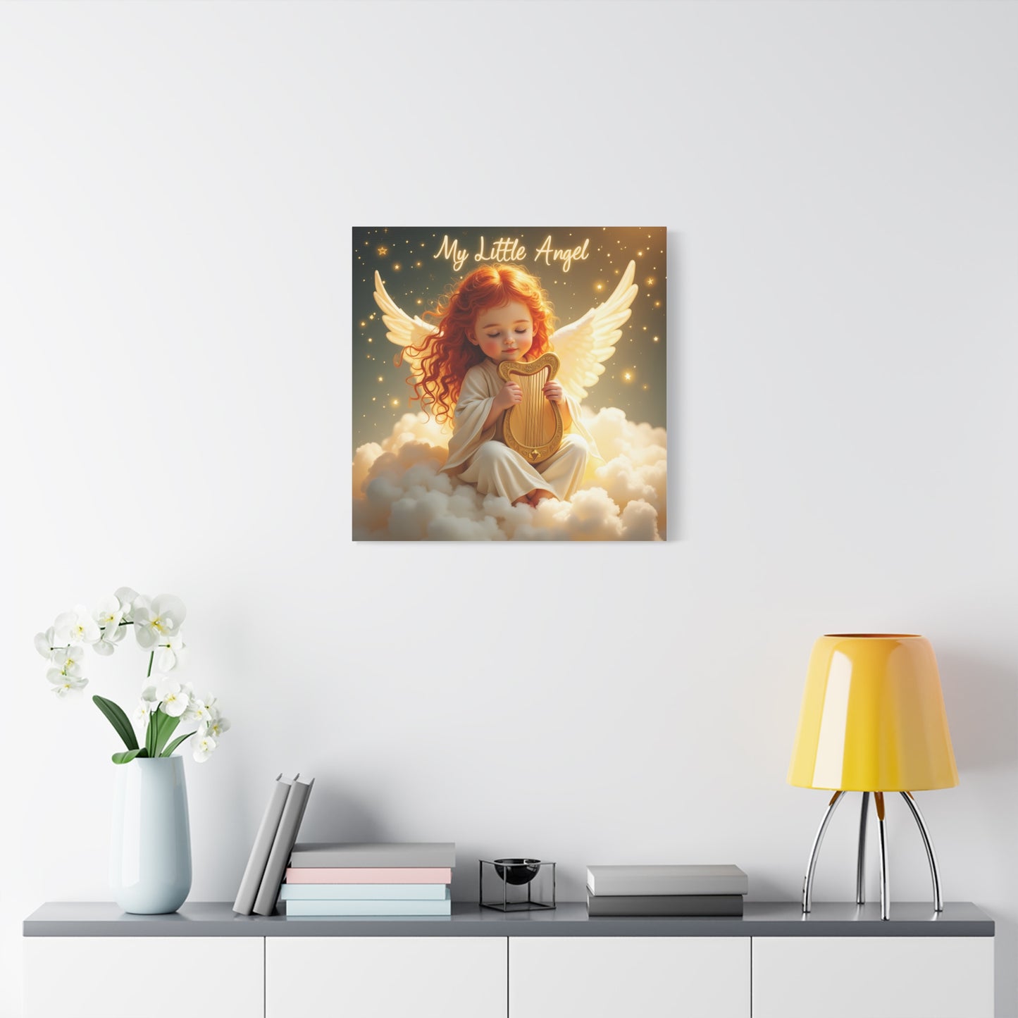 Angel Harp Canvas Art Print, Nursery Decor, Whimsical Home Accent, Gift for Baby Shower, Kids Room Wall Art, Ethereal Artwork