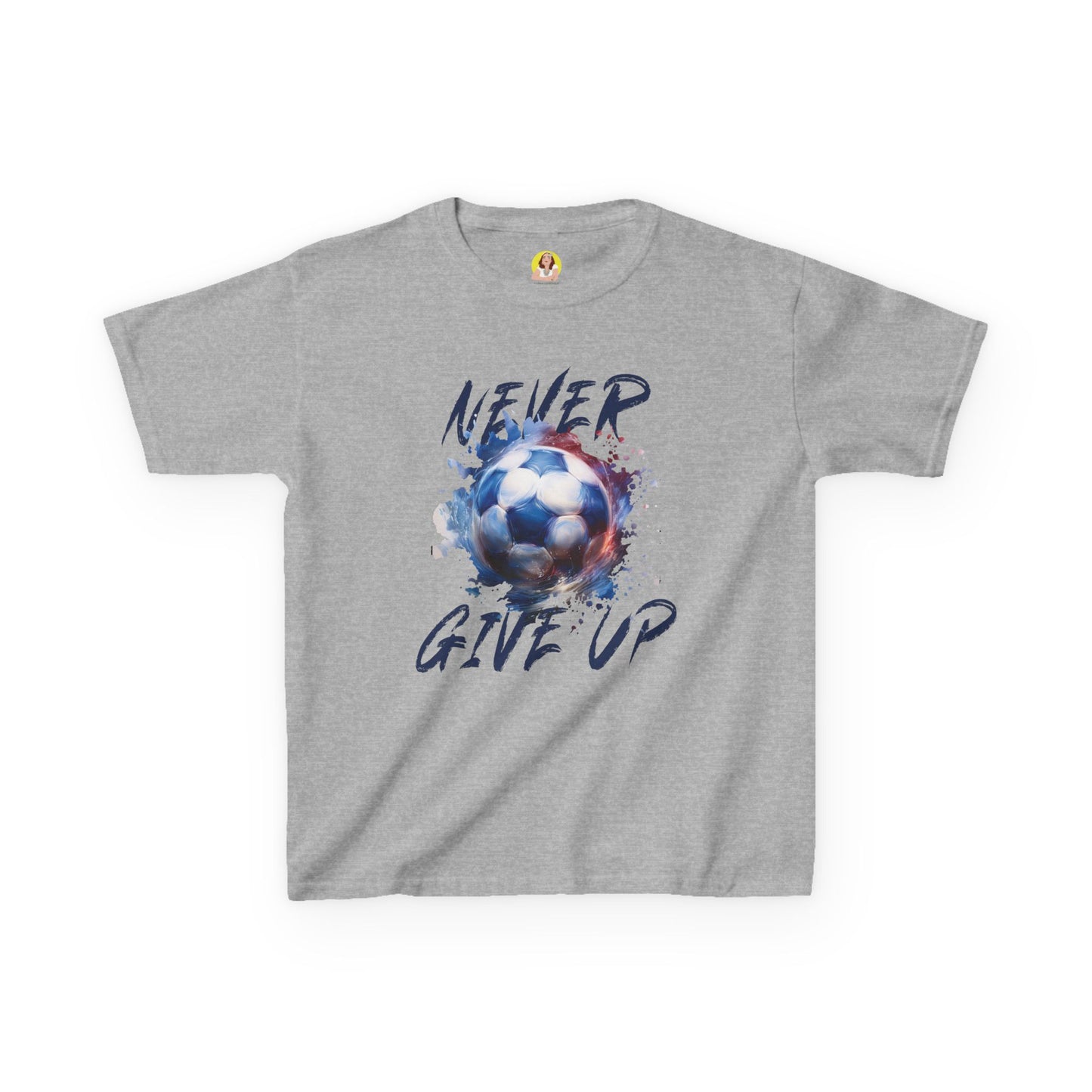 Soccer Motivation Tee - Never Give Up, Kids Heavy Cotton T-Shirt, Sports Shirt, Gift for Young Athletes, Birthday Present, Team Apparel