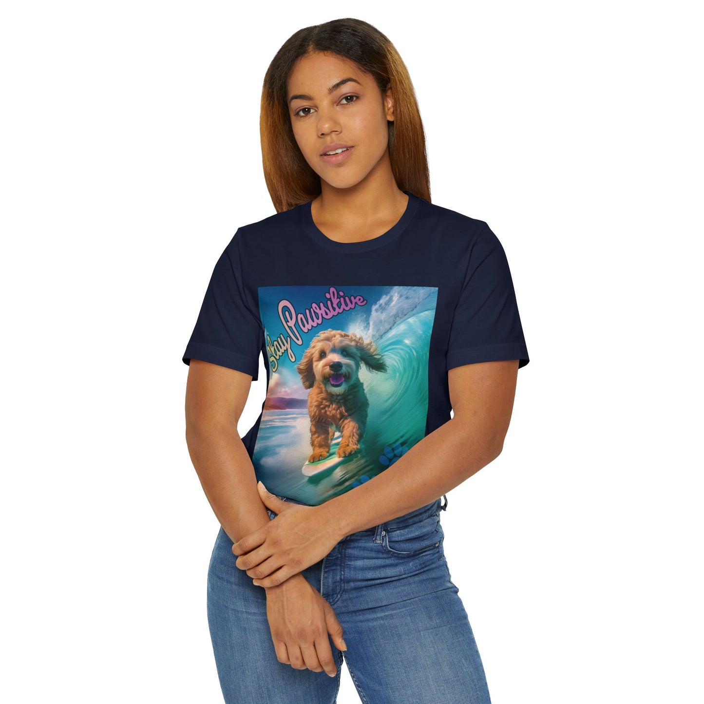 Surfing Dog Unisex Jersey T-Shirt | Stay Pawsitive Tee, Pet Lover Gift, Beach Outfit, Fun Summer Shirt, Dog Mom Apparel