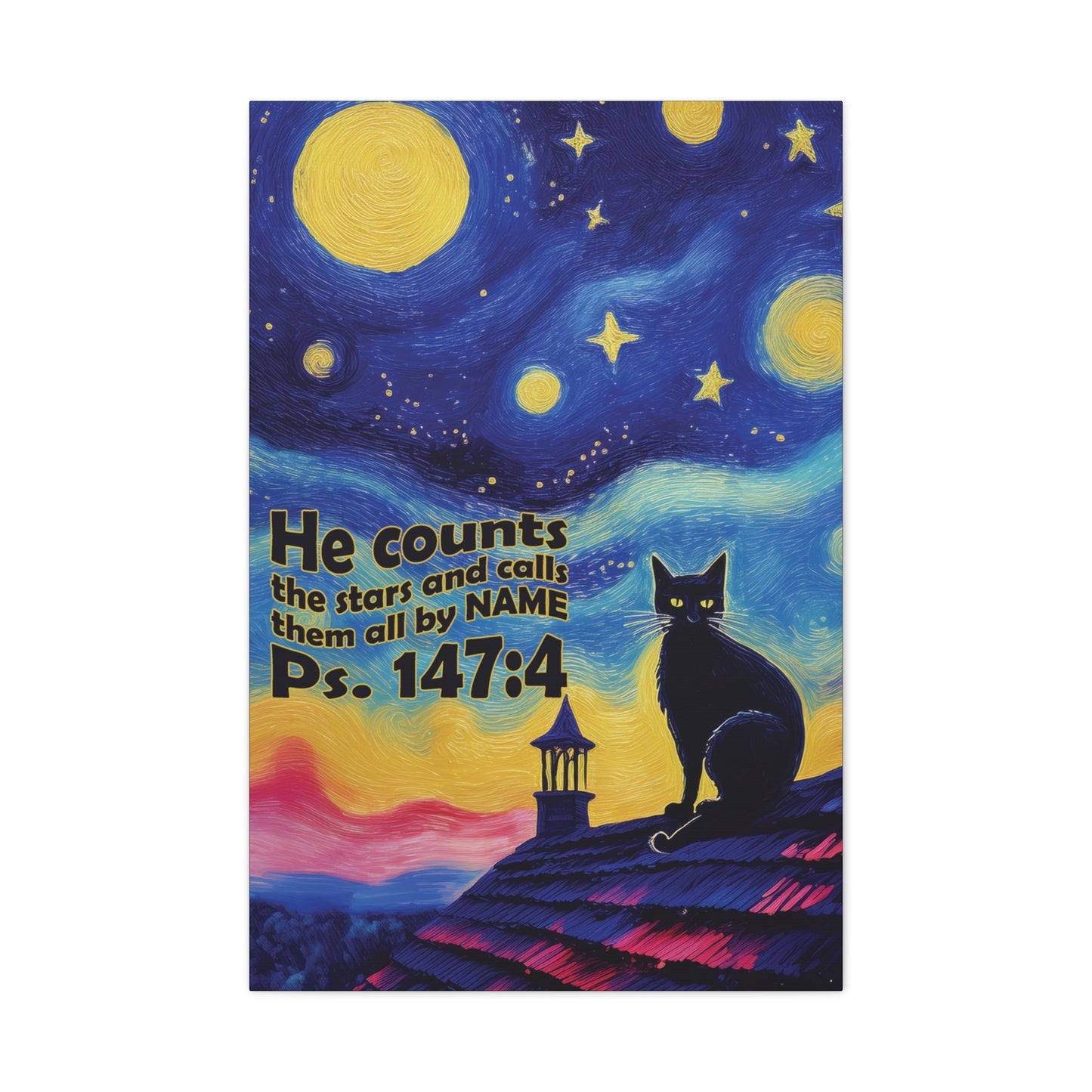 Starry Night Cat Canvas Print, Inspirational Wall Art, Cozy Home Decor, Cat Lover Gift, Psalms 147:4