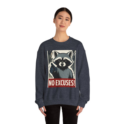 No Excuses! Raccoon Crewneck Sweatshirt, Cozy Sweatshirt for Animal Lovers, Gift for Motivation, Funny Sweatshirt, Unisex Fashion