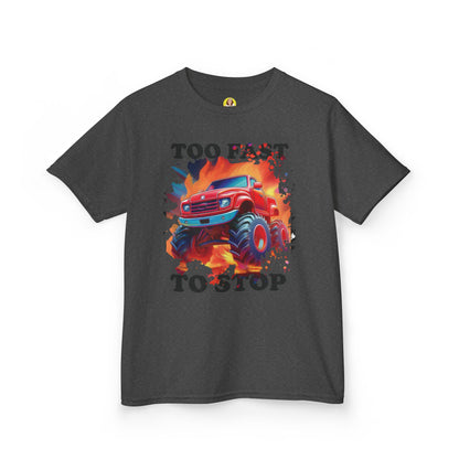 Monster Truck Kids Tee - Perfect for Birthday Parties, Road Trip, Gifts, Playtime, Too Fast to Stop Theme