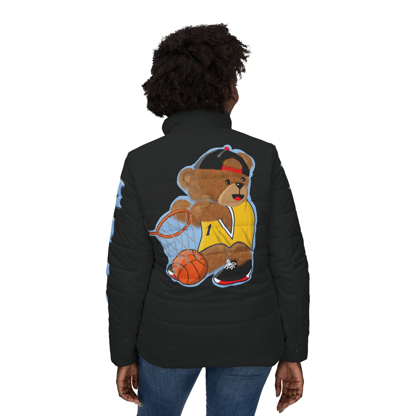 Sporty Bear Puffer Jacket for Women, Fun Athleisure Outerwear, Perfect for Basketball Lovers, Casual Styling, Cozy Layering