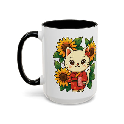 Cute Cat Floral Accent Coffee Mug - Kitty Lover Gift, Tea Cup, Home Decor, Anime Inspired, Coffee Lover Gift