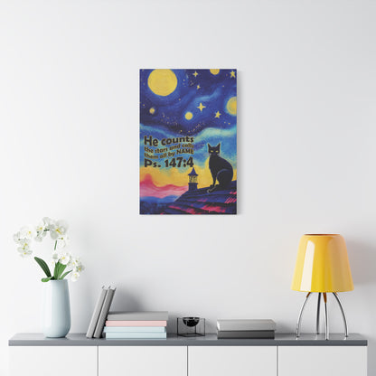Starry Night Cat Canvas Print, Inspirational Wall Art, Cozy Home Decor, Cat Lover Gift, Psalms 147:4