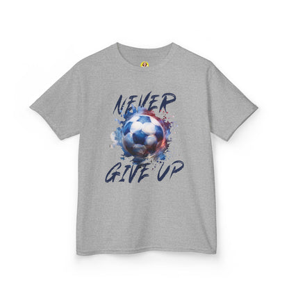 Soccer Motivation Tee - Never Give Up, Kids Heavy Cotton T-Shirt, Sports Shirt, Gift for Young Athletes, Birthday Present, Team Apparel