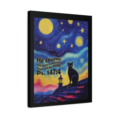 Starry Night Cat Canvas Print, Inspirational Wall Art, Cozy Home Decor, Cat Lover Gift, Psalms 147:4
