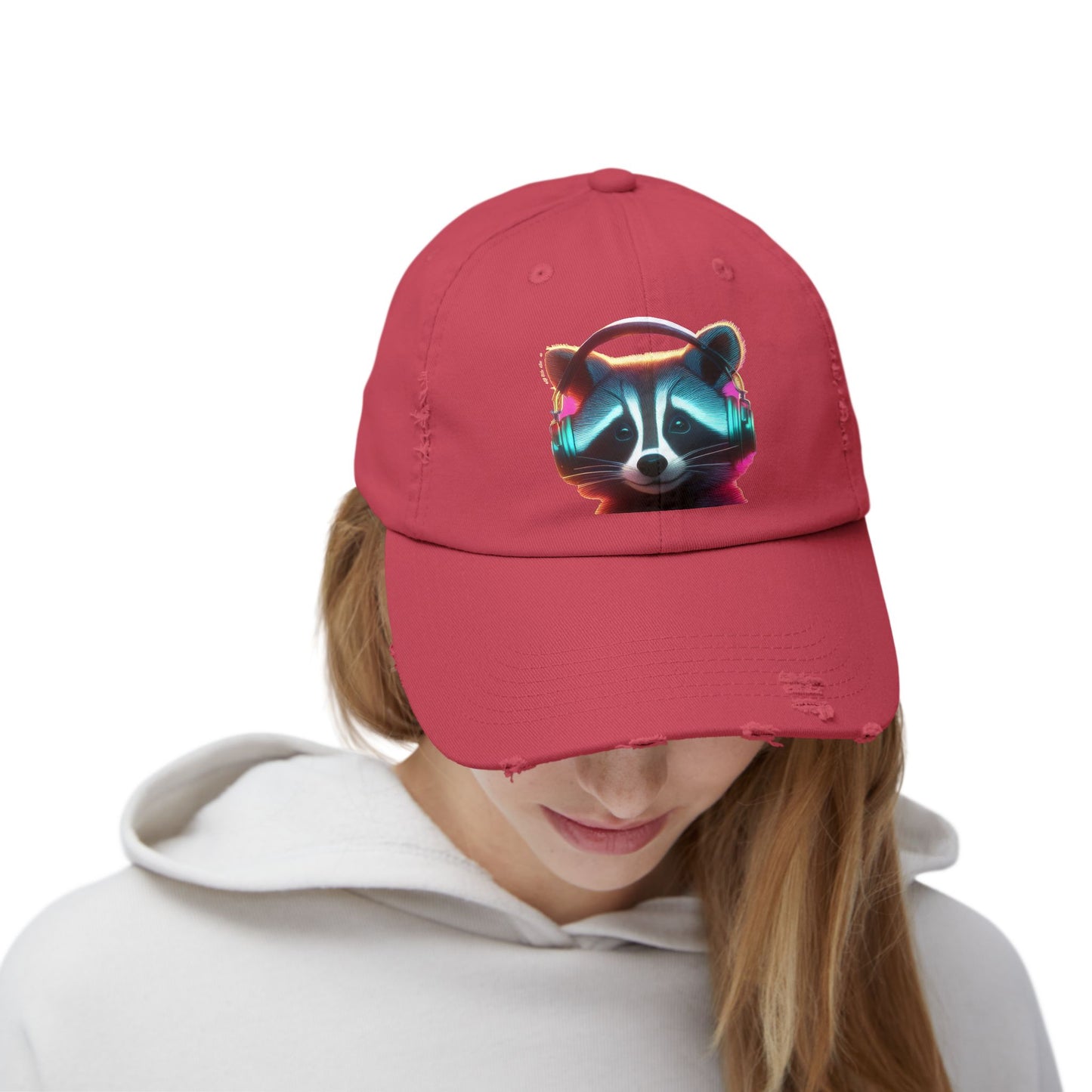 Cool Raccoon Distressed Cap | Trendy Unisex Snapback | Fun Outing Gear | Gift for Animal Lovers, Music Fans, Casual Wear