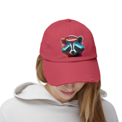 Cool Raccoon Distressed Cap | Trendy Unisex Snapback | Fun Outing Gear | Gift for Animal Lovers, Music Fans, Casual Wear