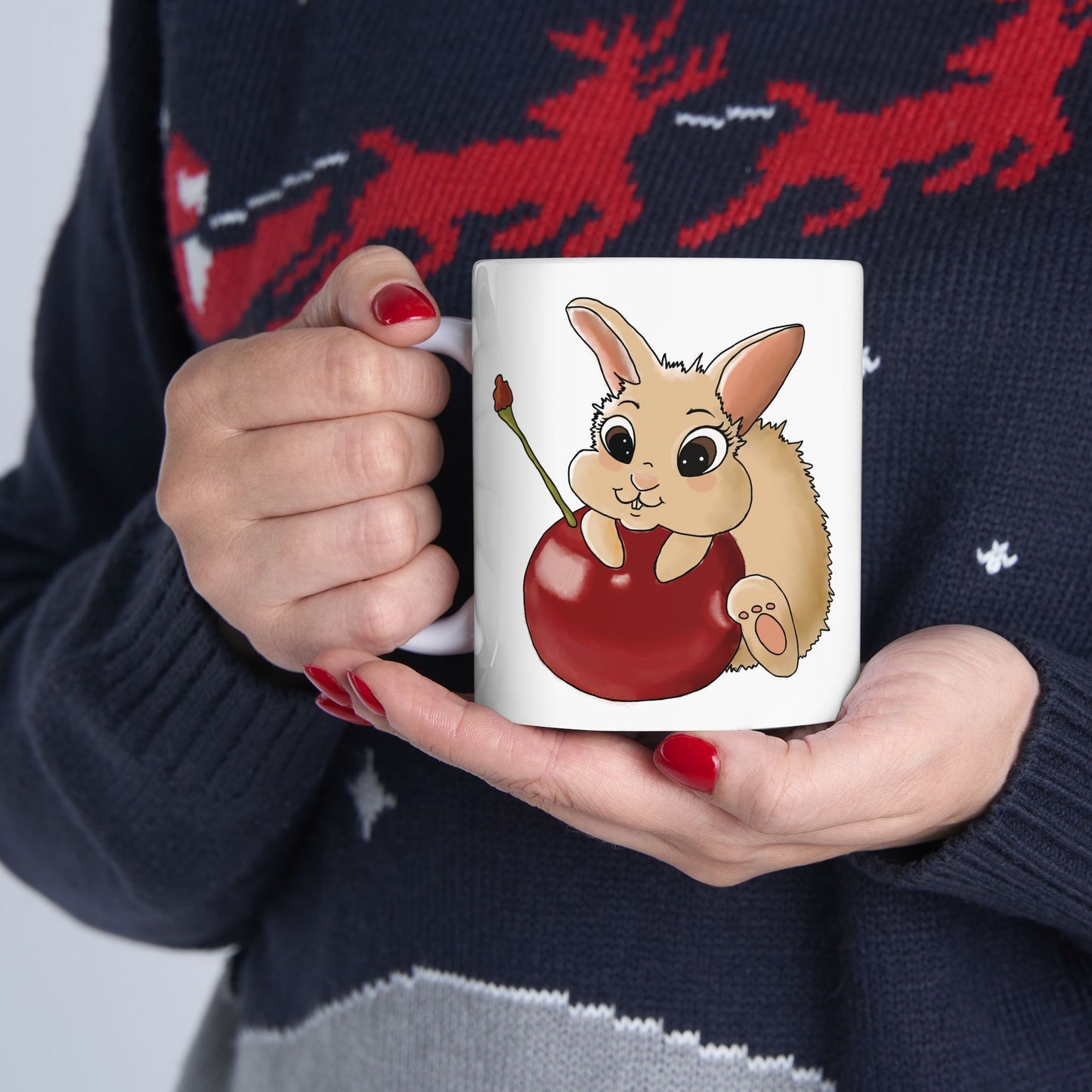 Mug - Cute Bunny with a Cherry Ceramic Mug, 11oz, 15oz