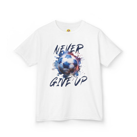 Soccer Motivation Tee - Never Give Up, Kids Heavy Cotton T-Shirt, Sports Shirt, Gift for Young Athletes, Birthday Present, Team Apparel