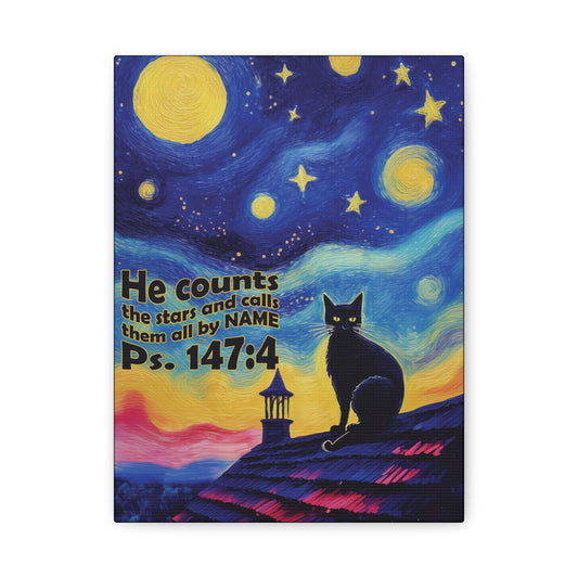 Starry Night Cat Canvas Print, Inspirational Wall Art, Cozy Home Decor, Cat Lover Gift, Psalms 147:4