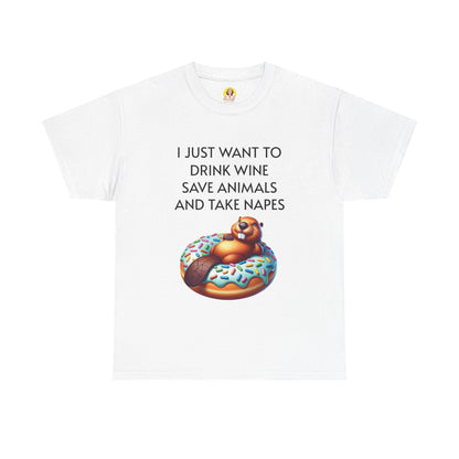 Funny Unisex Heavy Cotton Tee - 'I Just Want to Drink Wine, Save Animals, and Take Naps'