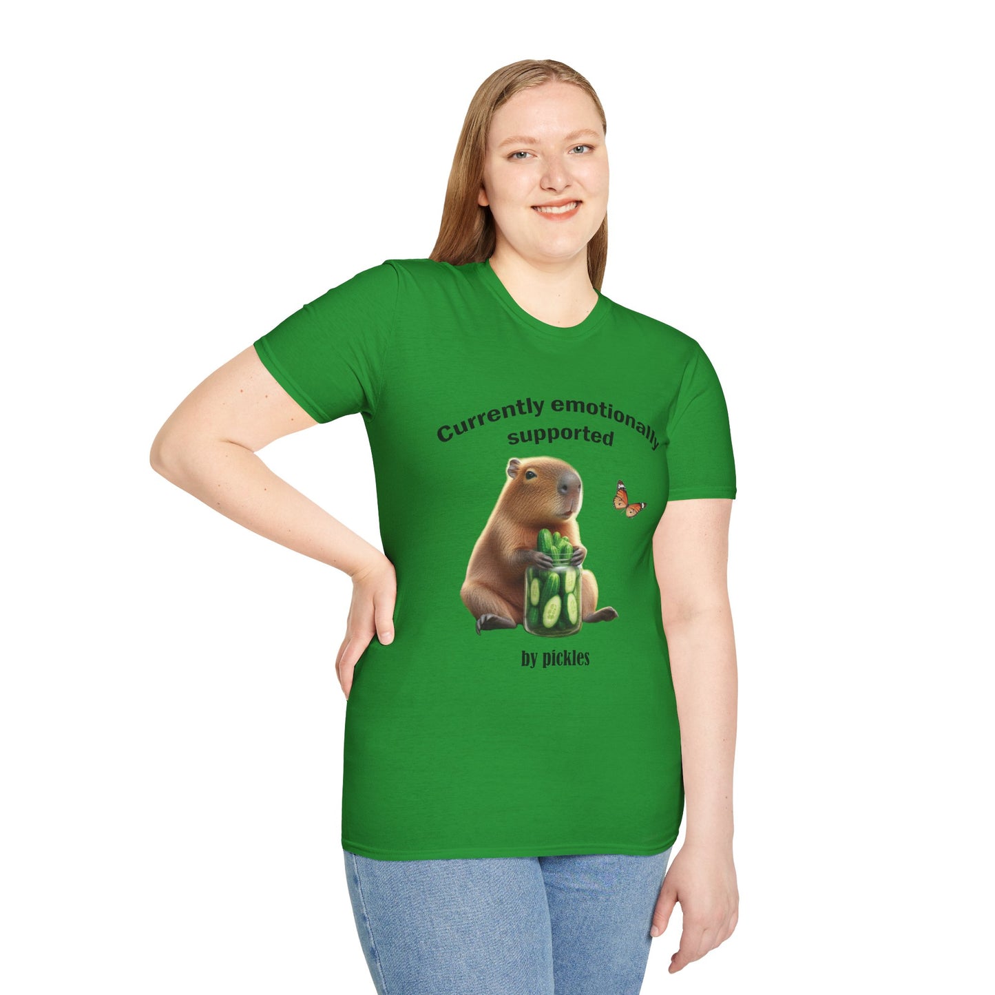 Cute Capybara with cucumber jar and Butterfly Unisex Softstyle T-Shirt