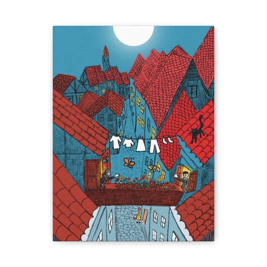 Stretched Canvas Art - Whimsical Rooftop Scene, Colorful Home Decor, Great for Gift Giving, Wall Art, Living Room Decor