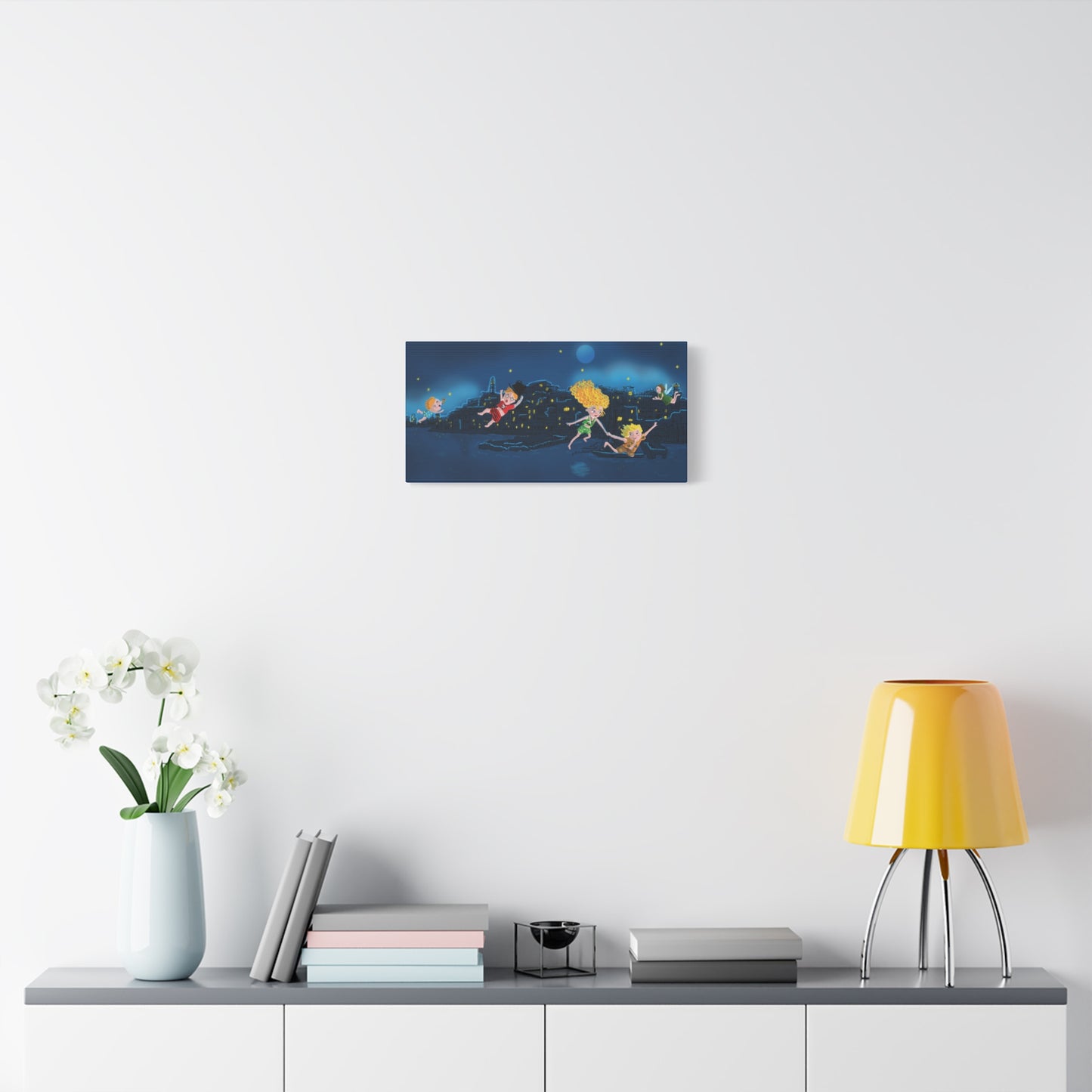 Whimsical Night Sky Canvas Art, Kids' Room Decor, Playful Wall Art, Dreamy Decor for Children, Magical Nighttime Scene