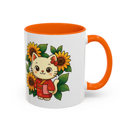 Cute Cat Floral Accent Coffee Mug - Kitty Lover Gift, Tea Cup, Home Decor, Anime Inspired, Coffee Lover Gift