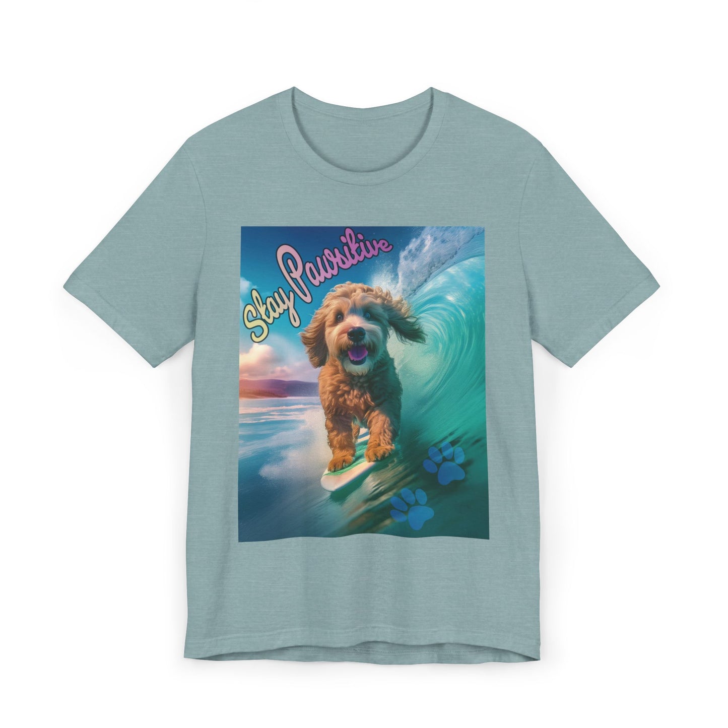 Surfing Dog Unisex Jersey T-Shirt | Stay Pawsitive Tee, Pet Lover Gift, Beach Outfit, Fun Summer Shirt, Dog Mom Apparel