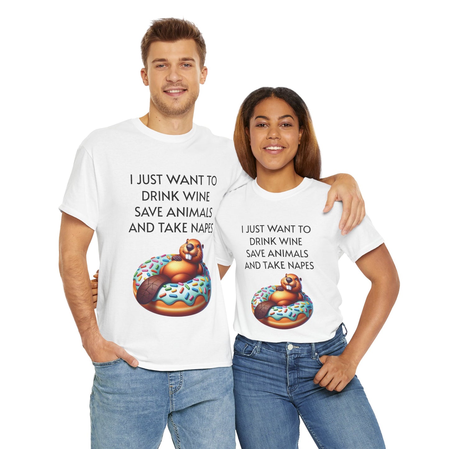 Funny Unisex Heavy Cotton Tee - 'I Just Want to Drink Wine, Save Animals, and Take Naps'