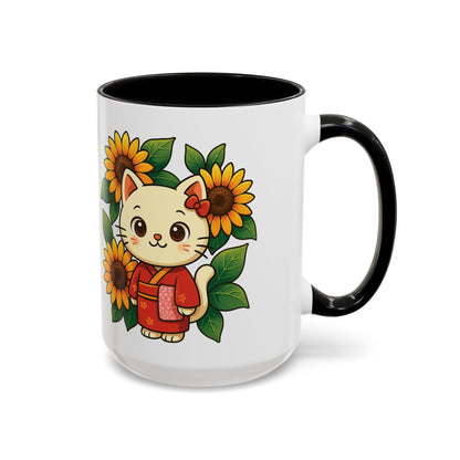 Cute Cat Floral Accent Coffee Mug - Kitty Lover Gift, Tea Cup, Home Decor, Anime Inspired, Coffee Lover Gift