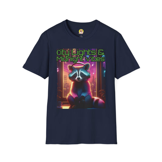 Nighttime Vibes Tee - Raccoon Design, Unisex Softstyle T-Shirt, Graphic Tee, City Lights Apparel, Urban Wear, Gift for Nature Lovers