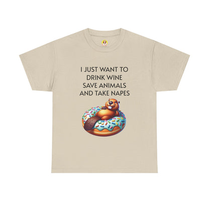 Funny Unisex Heavy Cotton Tee - 'I Just Want to Drink Wine, Save Animals, and Take Naps'