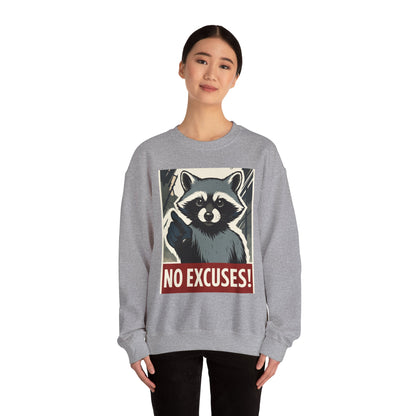 No Excuses! Raccoon Crewneck Sweatshirt, Cozy Sweatshirt for Animal Lovers, Gift for Motivation, Funny Sweatshirt, Unisex Fashion