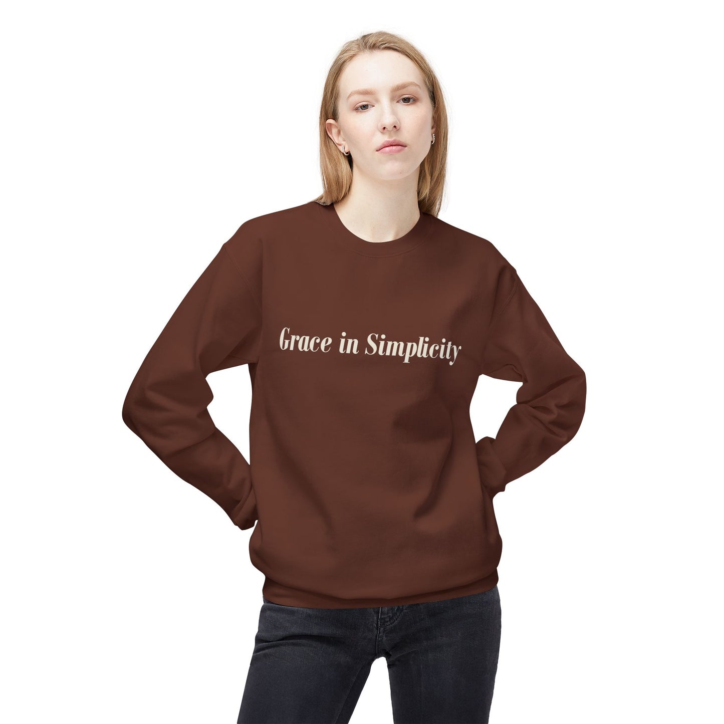 Cozy Quote Crewneck Sweatshirt - "Grace in Simplicity" - Unisex Gift, Casual Wear, Minimalist Style, Cozy Essential, Autumn Layering