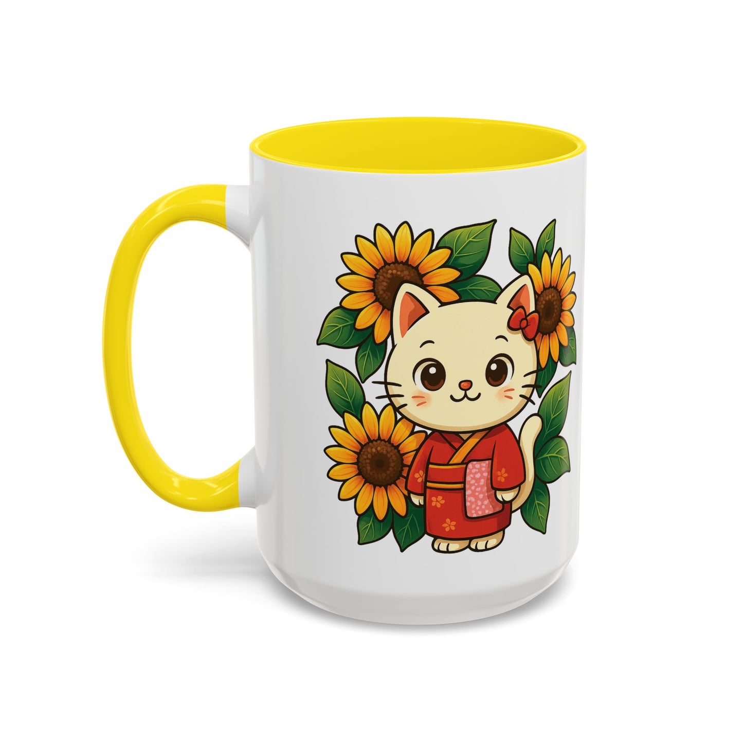 Cute Cat Floral Accent Coffee Mug - Kitty Lover Gift, Tea Cup, Home Decor, Anime Inspired, Coffee Lover Gift