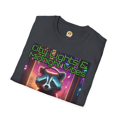 Nighttime Vibes Tee - Raccoon Design, Unisex Softstyle T-Shirt, Graphic Tee, City Lights Apparel, Urban Wear, Gift for Nature Lovers