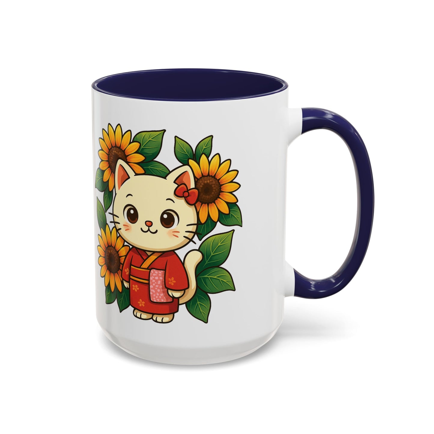 Cute Cat Floral Accent Coffee Mug - Kitty Lover Gift, Tea Cup, Home Decor, Anime Inspired, Coffee Lover Gift