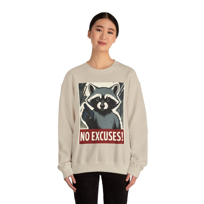 No Excuses! Raccoon Crewneck Sweatshirt, Cozy Sweatshirt for Animal Lovers, Gift for Motivation, Funny Sweatshirt, Unisex Fashion