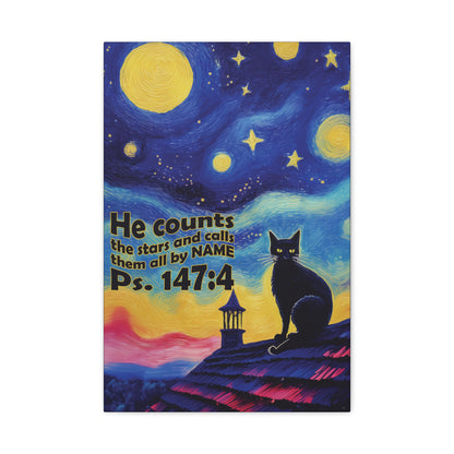 Starry Night Cat Canvas Print, Inspirational Wall Art, Cozy Home Decor, Cat Lover Gift, Psalms 147:4