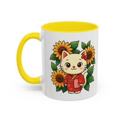 Cute Cat Floral Accent Coffee Mug - Kitty Lover Gift, Tea Cup, Home Decor, Anime Inspired, Coffee Lover Gift