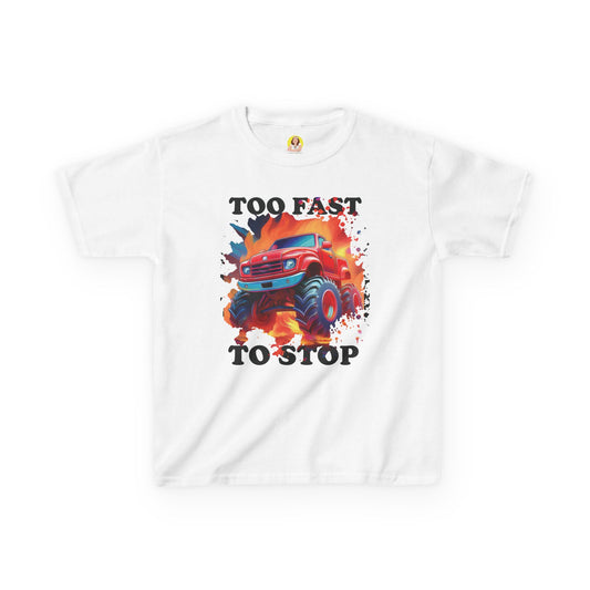 Monster Truck Kids Tee - Perfect for Birthday Parties, Road Trip, Gifts, Playtime, Too Fast to Stop Theme